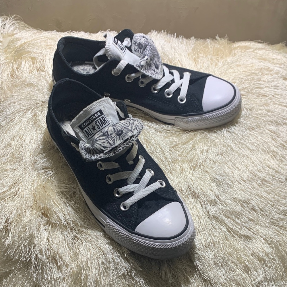 Converse All Star Black Sneakers with Black and White Floral Accents